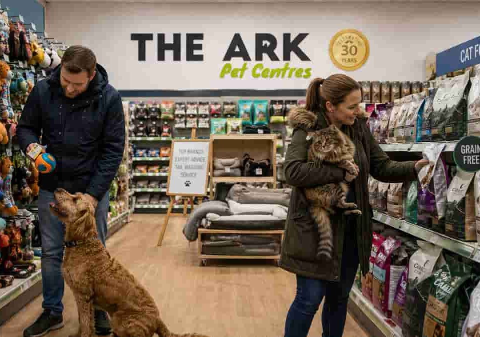 Pet store aisle with diverse shoppers