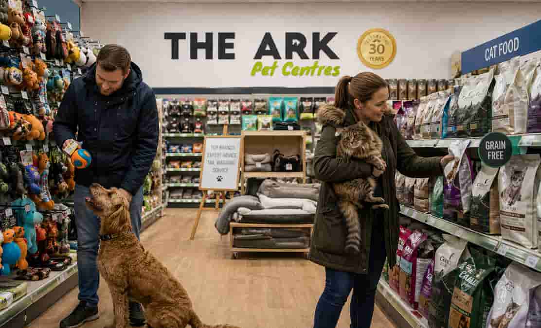 Pet store aisle with diverse shoppers