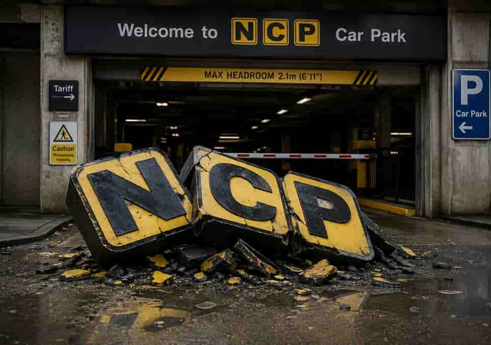 Collapsed NCP sign at car park entrance