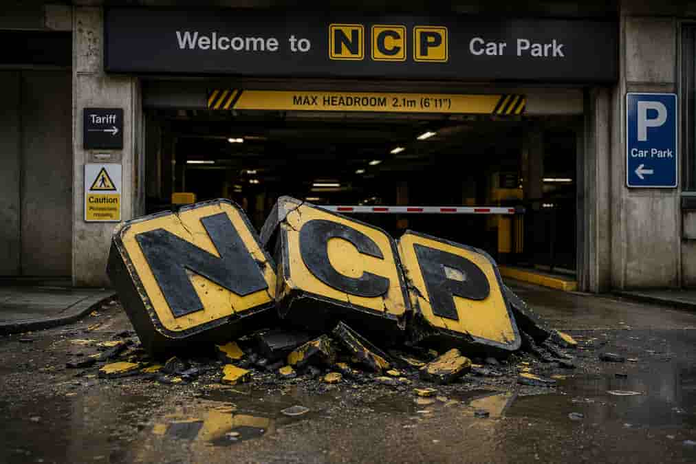 Collapsed NCP sign at car park entrance