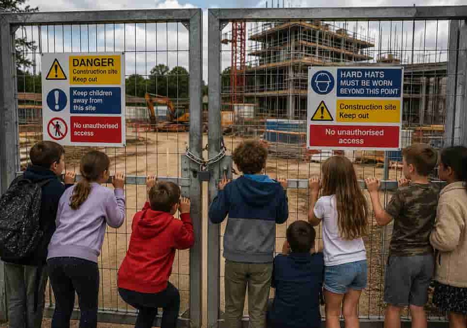 Children at construction site gate