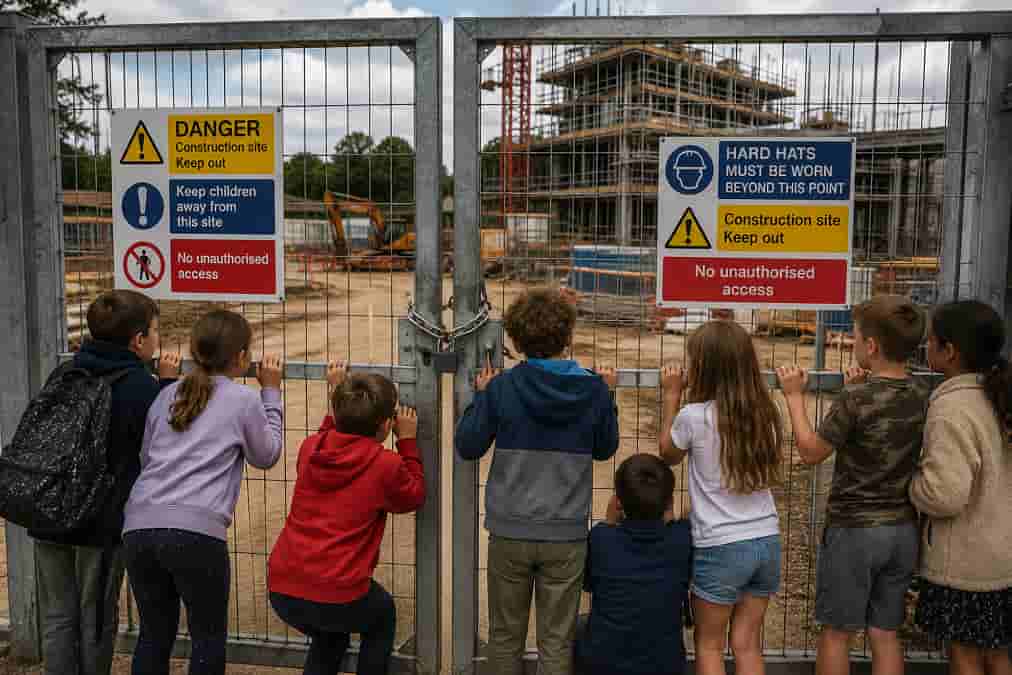 Children at construction site gate