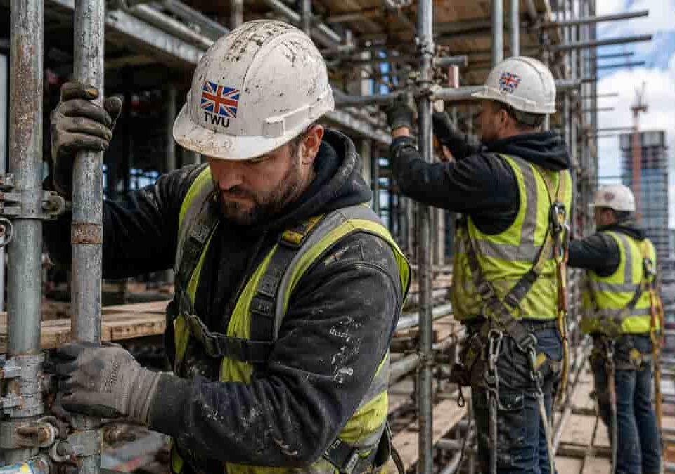 Construction workers on busy scaffold site