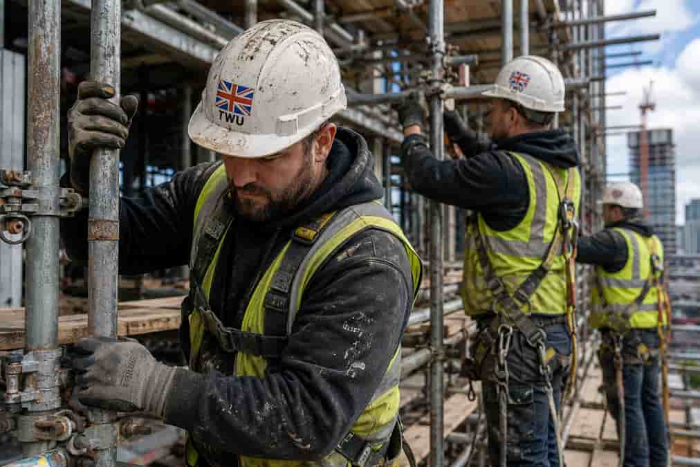 Construction workers on busy scaffold site