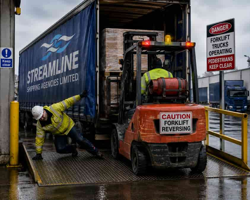 Forklift in action at wet dock