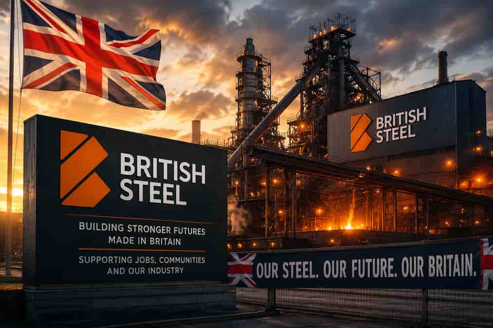 British Steel at sunrise with flag