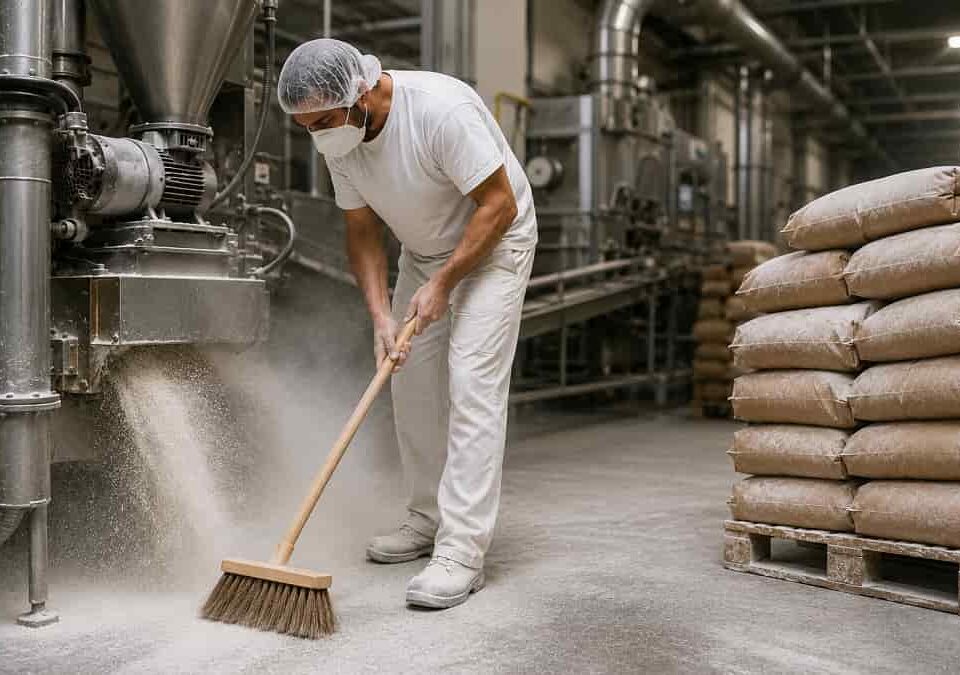 Industrial worker cleaning in processing plant