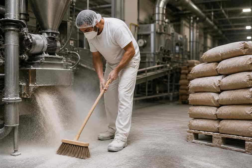 Industrial worker cleaning in processing plant