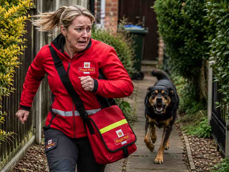 Postal worker fleeing from angry dog
