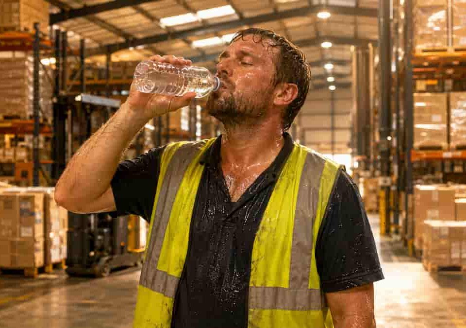 Sweating warehouse worker drinks water