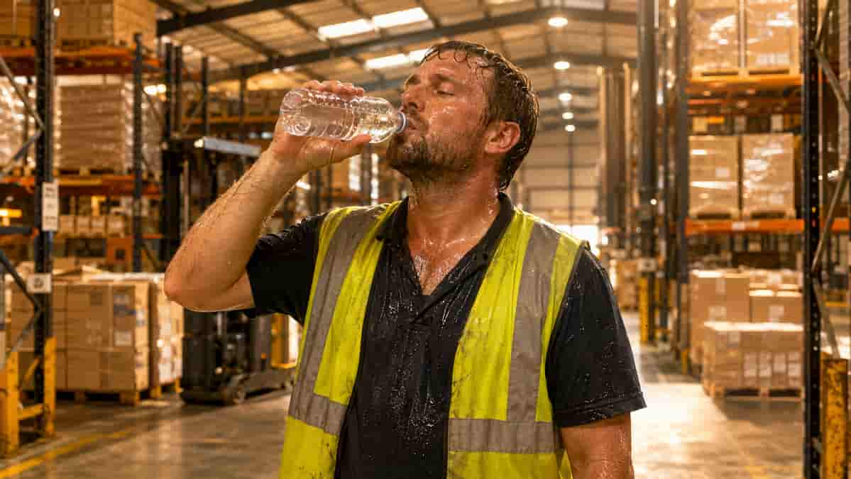 Sweating warehouse worker drinks water