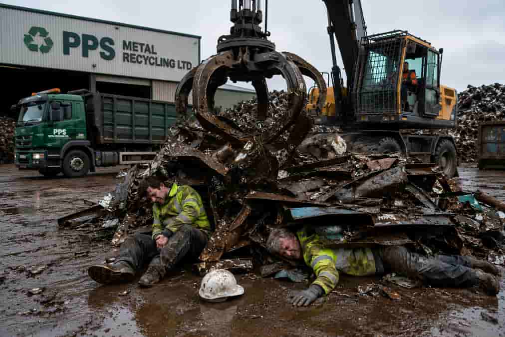 Industrial scrapyard accident scene